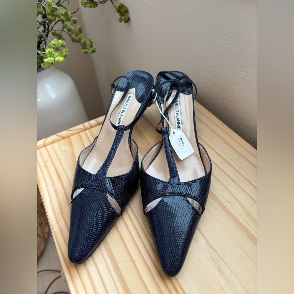 Manolo Blahnik Dark Blue Textured Heels